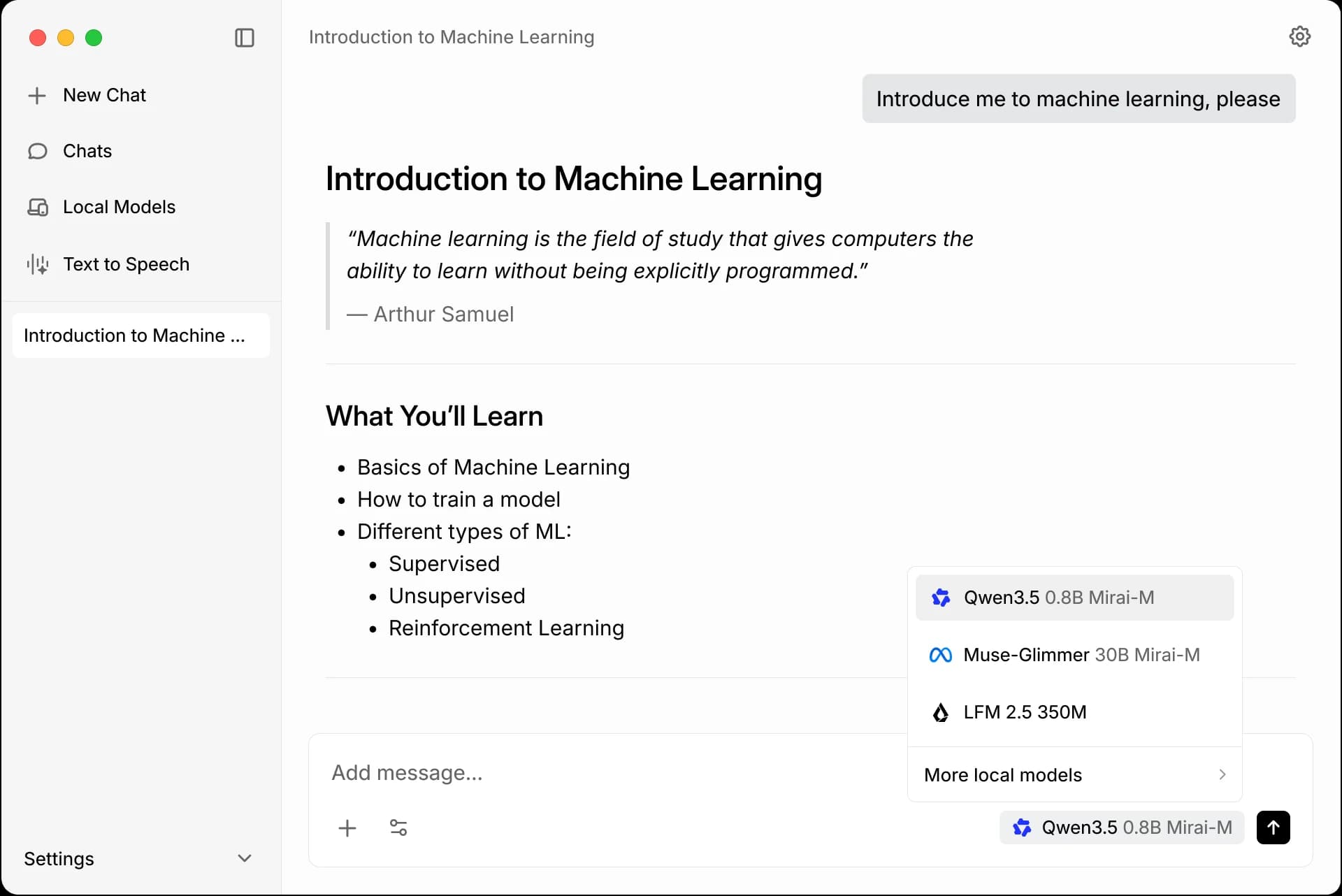 Mirai chat app running on macOS