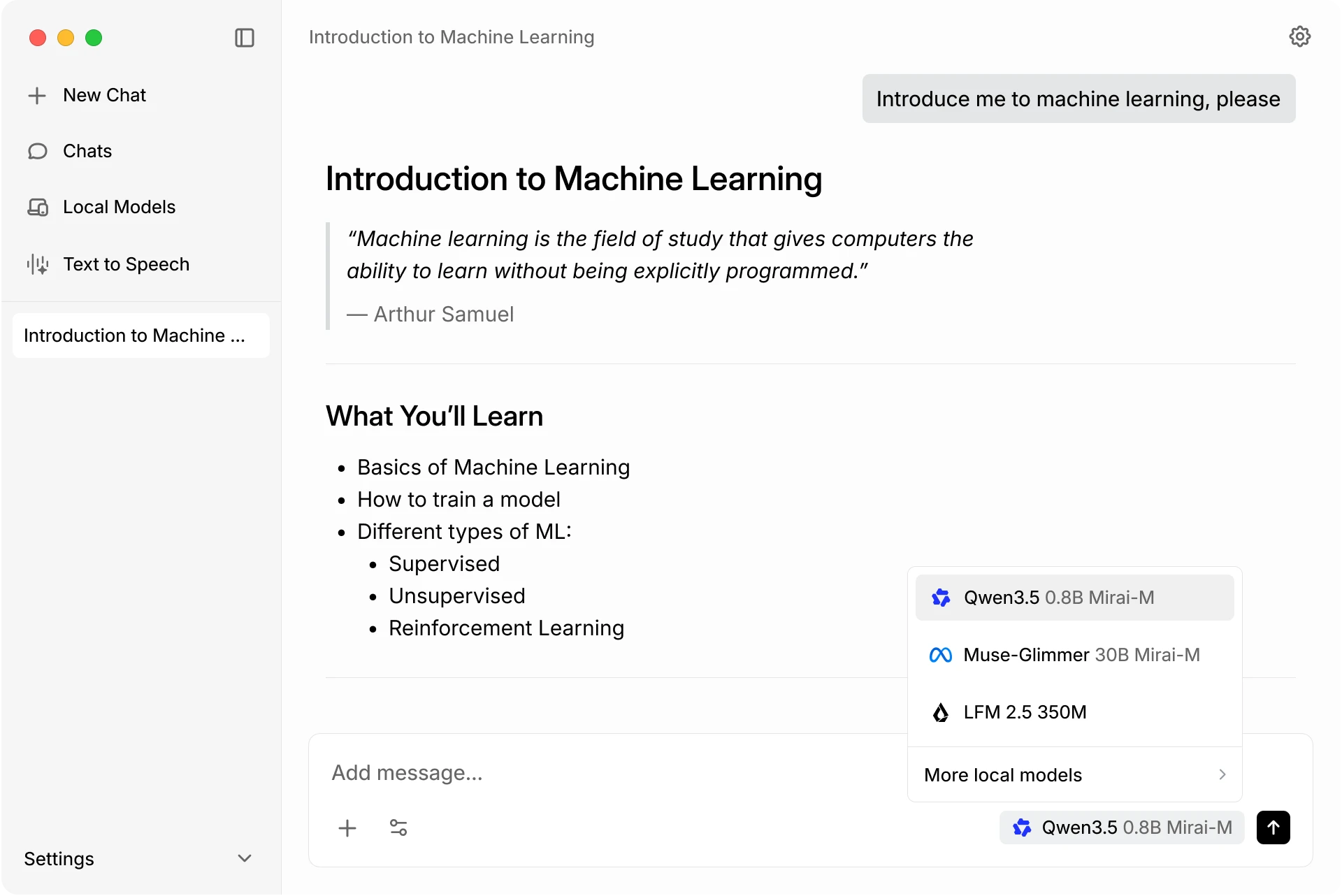 Mirai chat app running on macOS